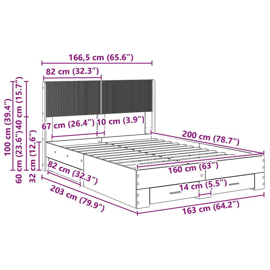Bedframe met opbergruimte en hoofdbord Grijs Sonoma