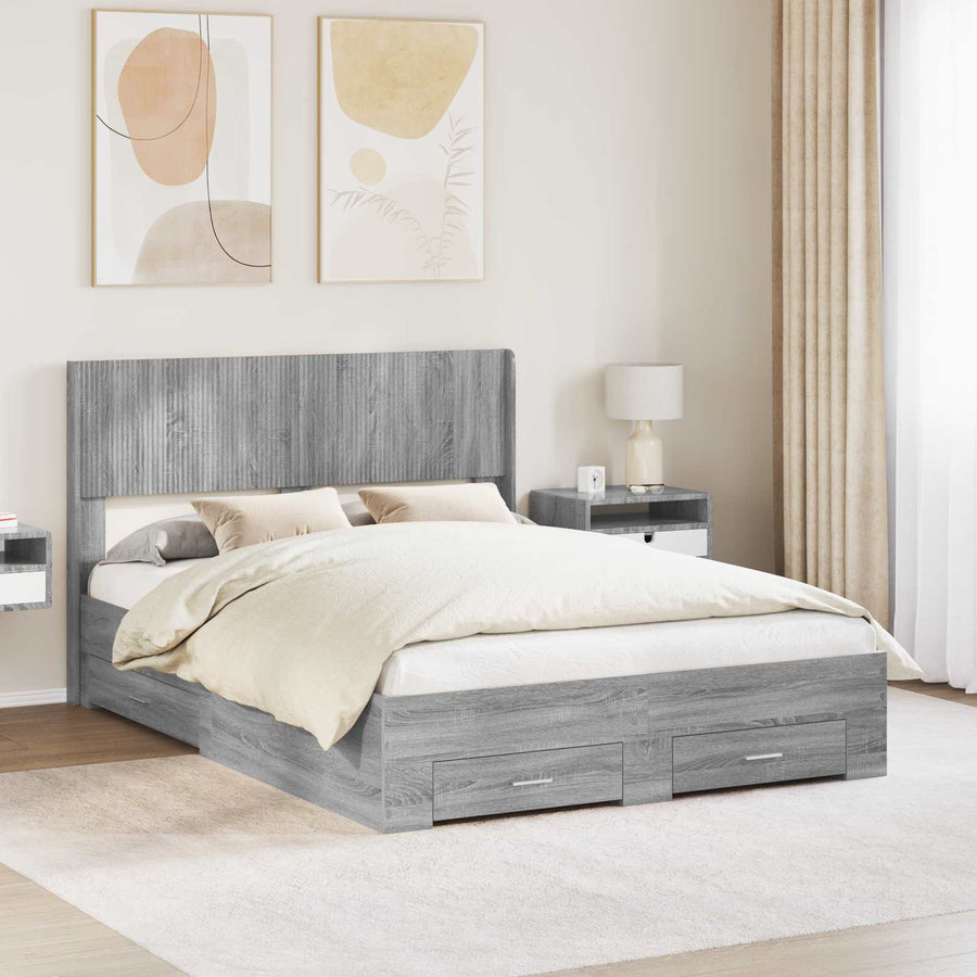 Bedframe met opbergruimte en hoofdbord Grijs Sonoma