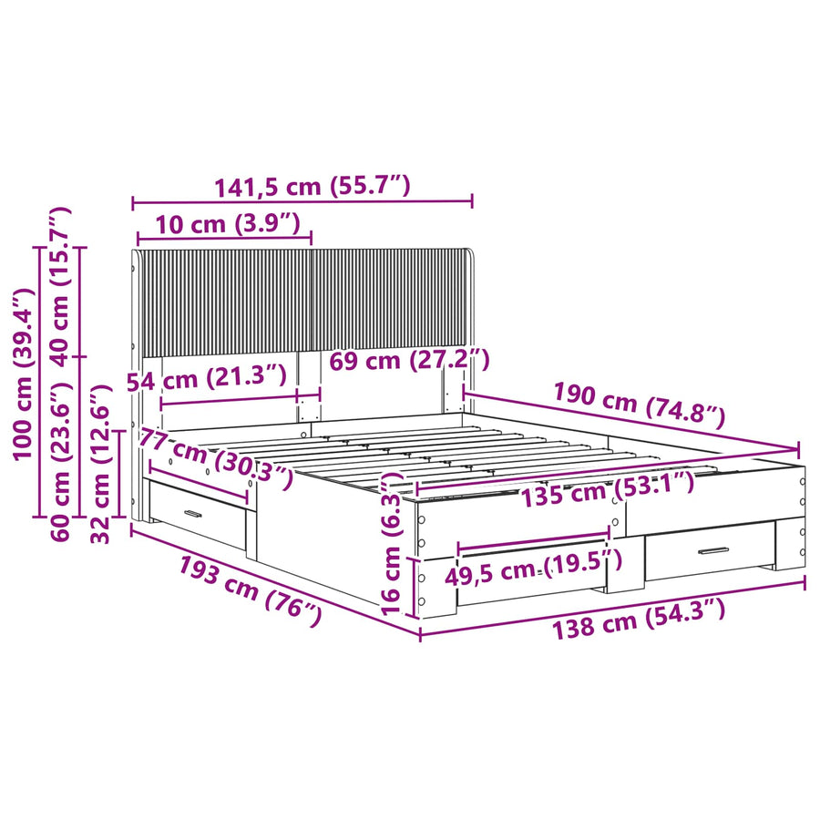 Bedframe met opbergruimte en hoofdbord Zwart 135 x 190 cm