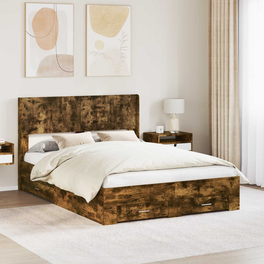 Bedframe met opbergruimte en hoofdbord Gerookt eiken