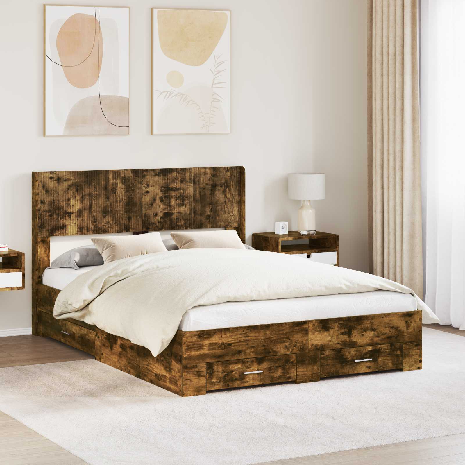 Bedframe met opbergruimte en hoofdbord Gerookt eiken