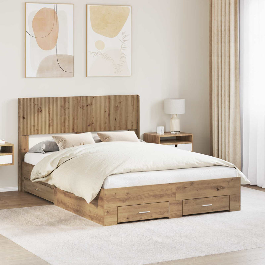 Bedframe met opbergruimte en hoofdbord Artisanaal eiken