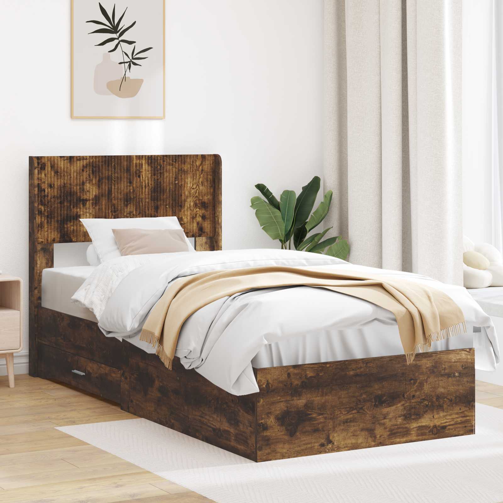 Bedframe met opbergruimte en hoofdbord Gerookt eiken