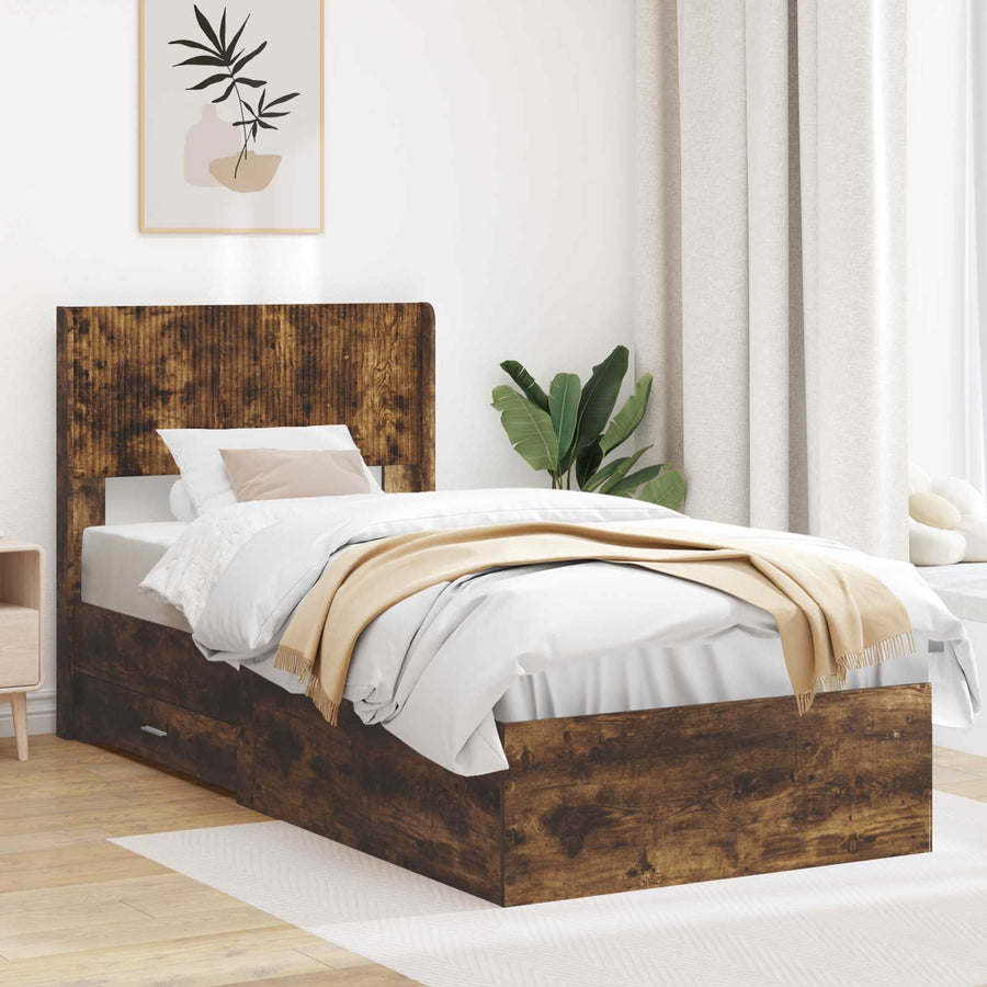 Bedframe met opbergruimte en hoofdbord Gerookt eiken