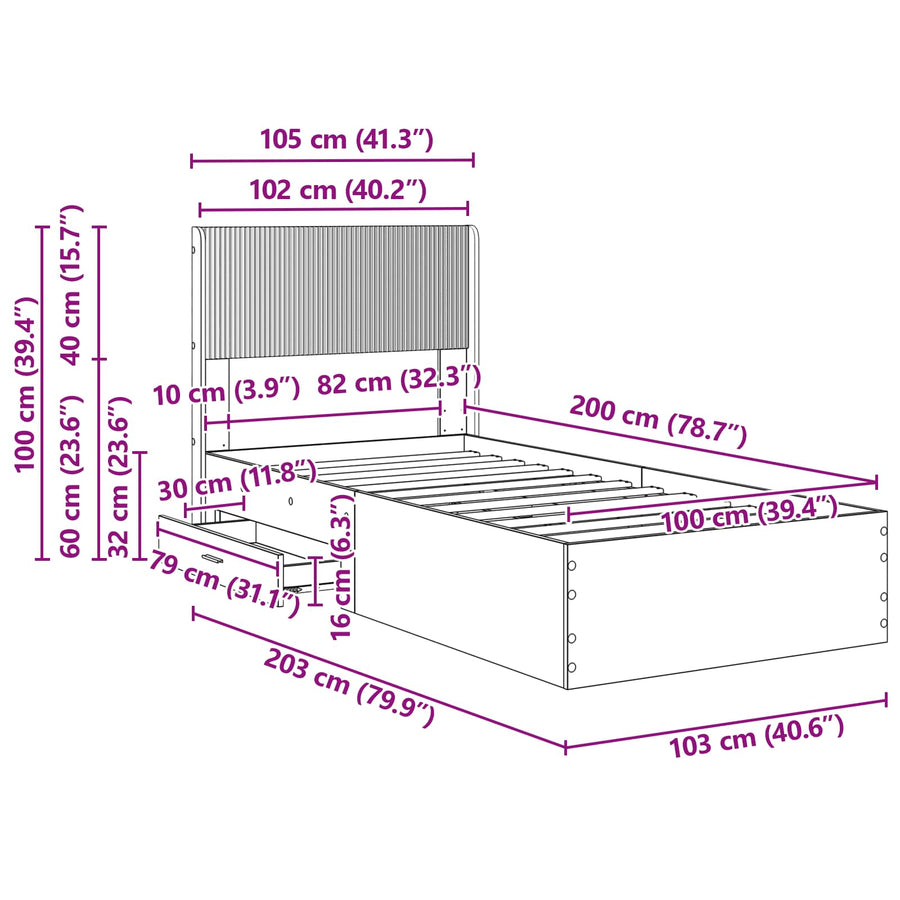 Bedframe met opbergruimte en hoofdbord Grijs Sonoma