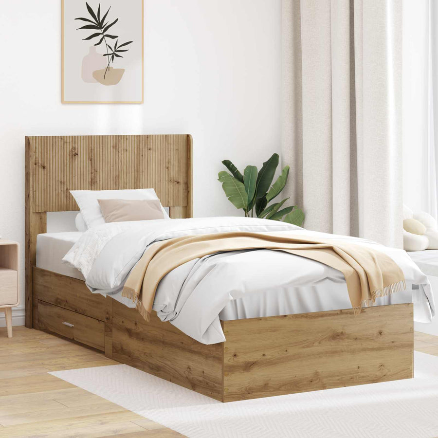 Bedframe met opbergruimte en hoofdbord Artisanaal eiken