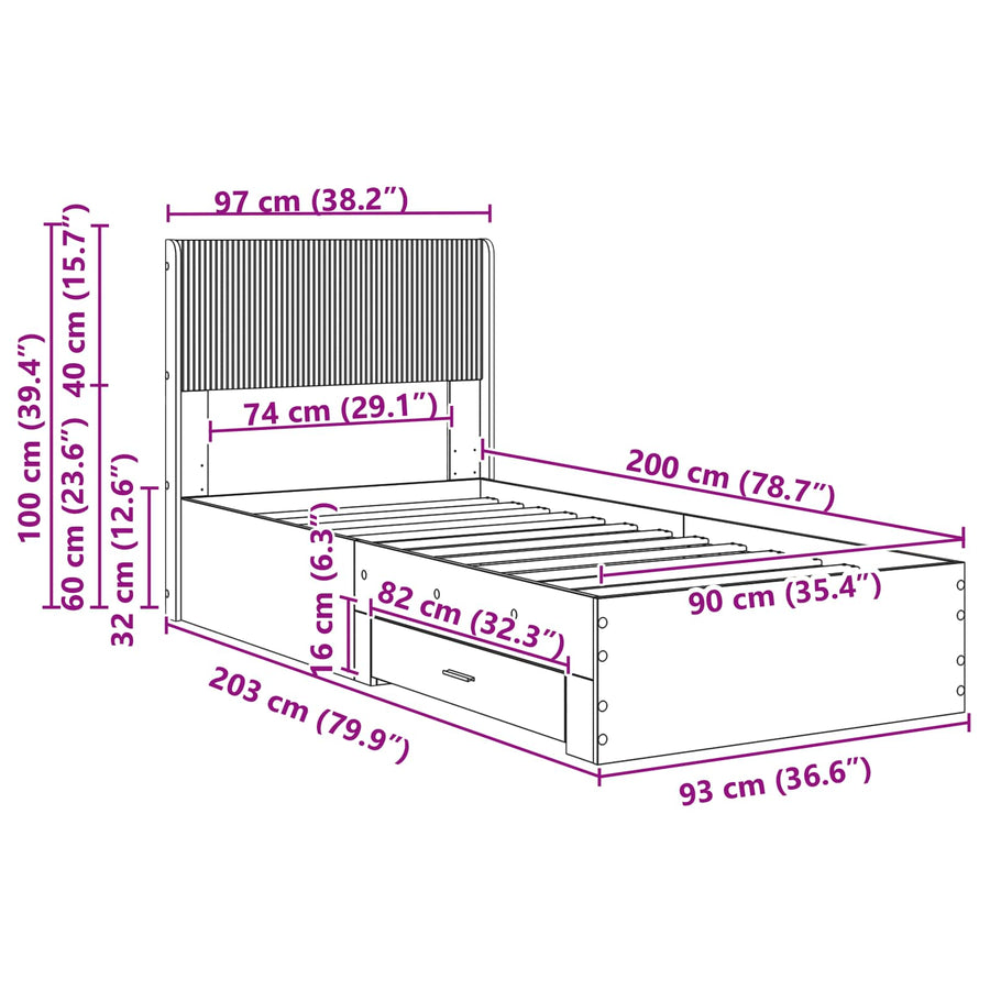 Bedframe met opbergruimte en hoofdbord Sonoma Eiken 90 x 200 cm