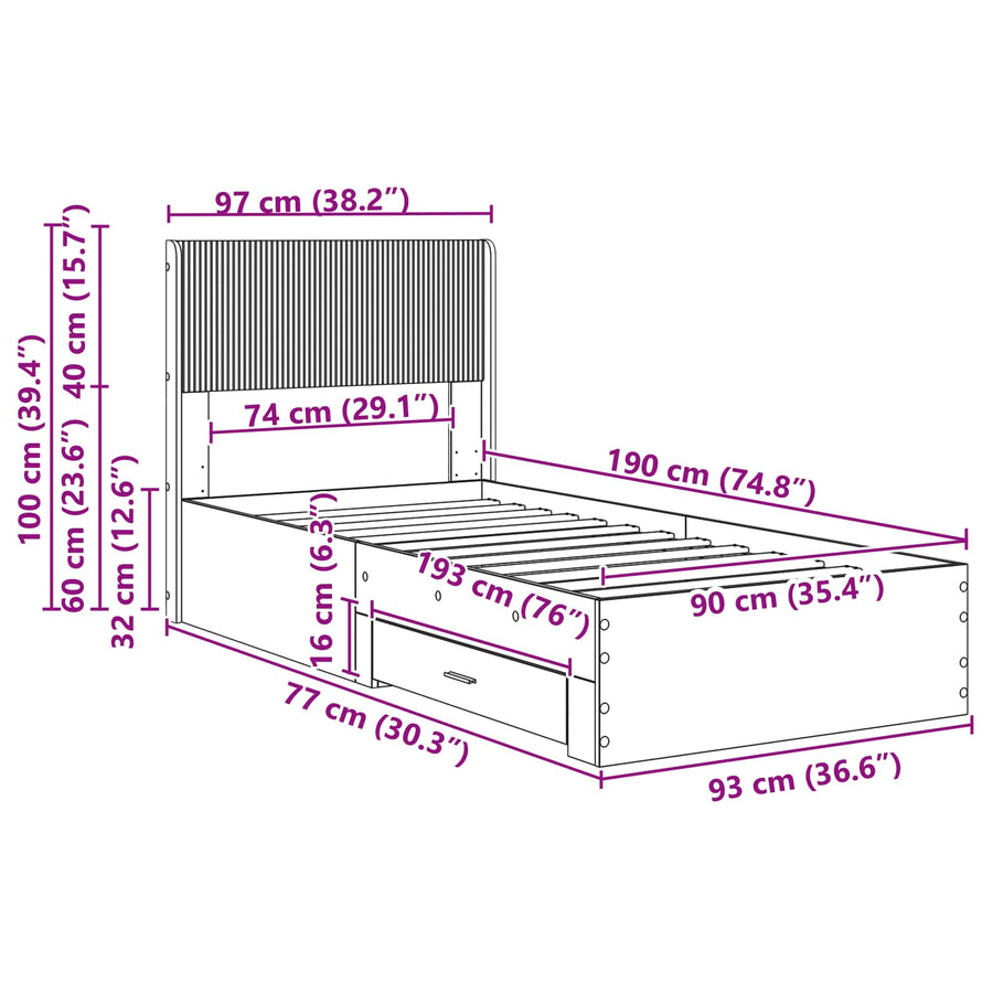 Bedframe met opbergruimte en hoofdbord Wit 90 x 190 cm