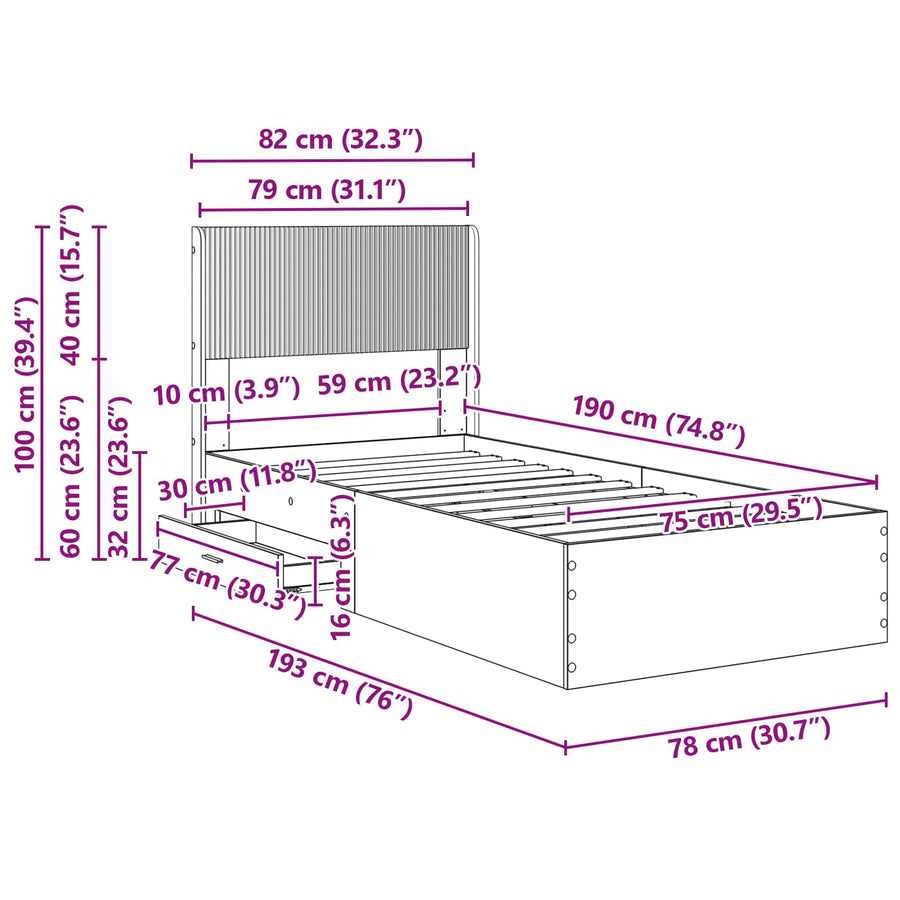Bedframe met opbergruimte en hoofdbord Grijs Sonoma 75 x 190 cm