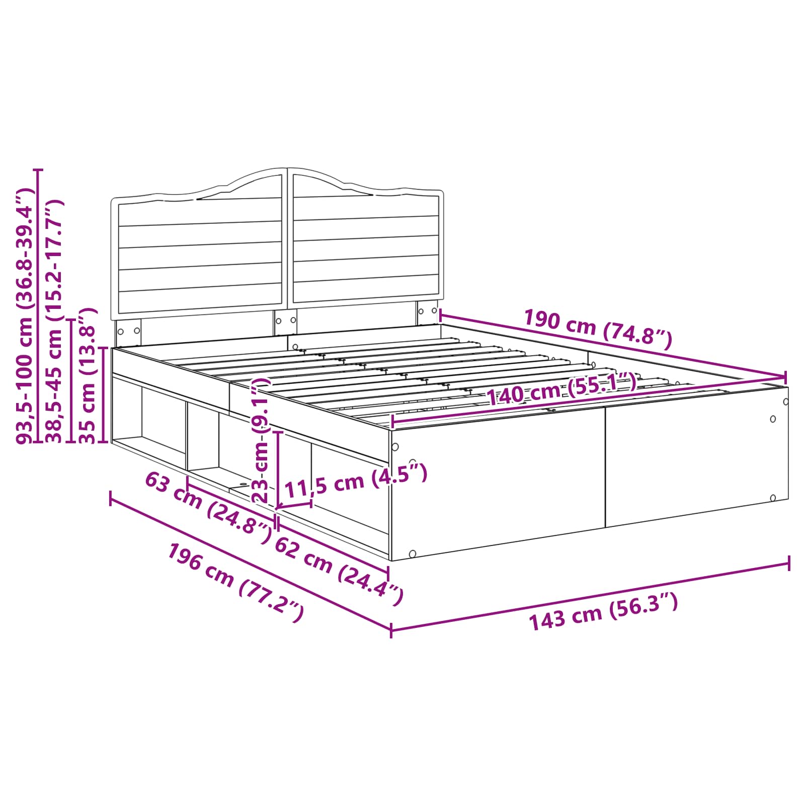 Bedframe met hoofdeinde Sonoma 140 x 190 cm Massief grenenhout