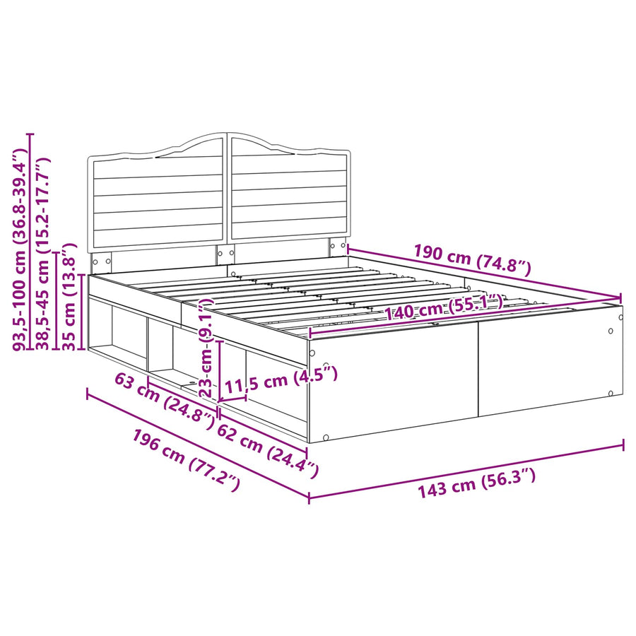 Bedframe met hoofdeinde Sonoma 140 x 190 cm Massief grenenhout
