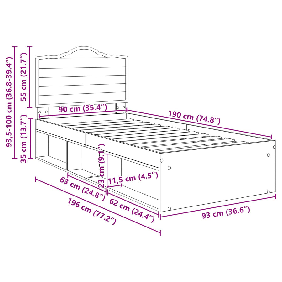 Bedframe Ambachtelijk eiken 90 x 190 cm Massief grenenhout