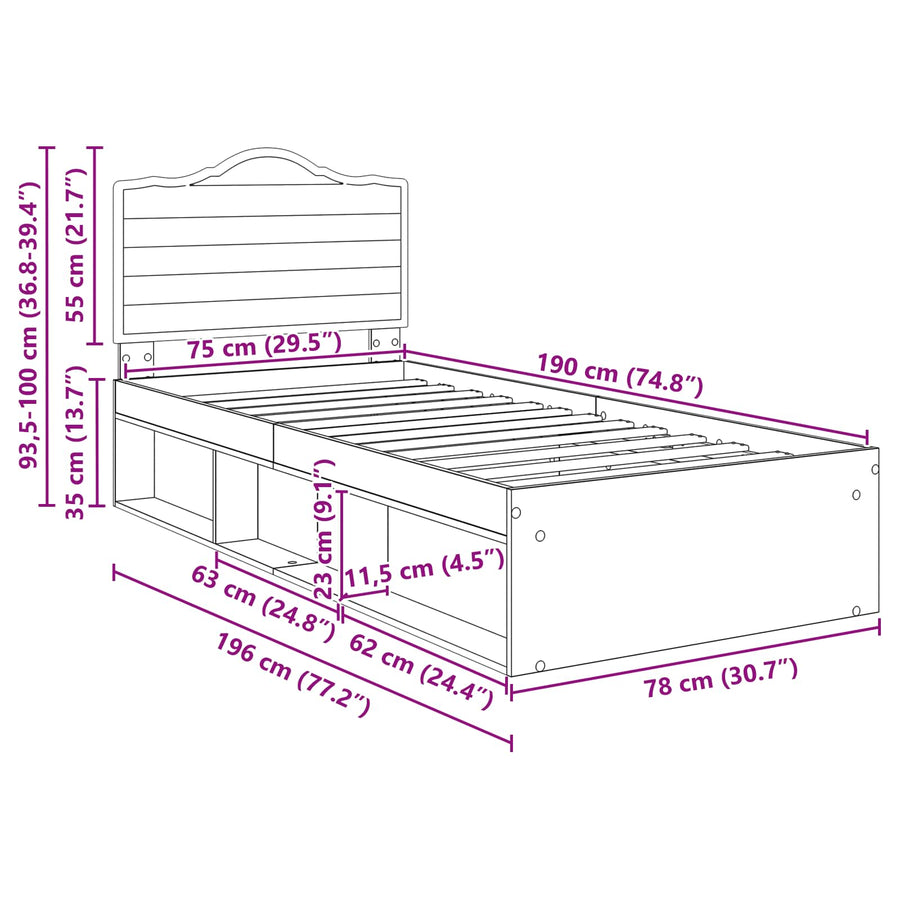Bedframe Grijs Sonoma 75 x 190 cm Massief grenenhout