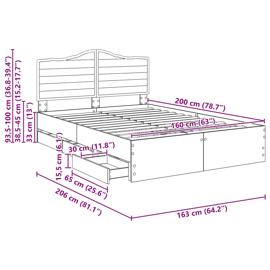 Bedframe met lade met opslag Zwart 160 x 200 cm Ingenieurshout