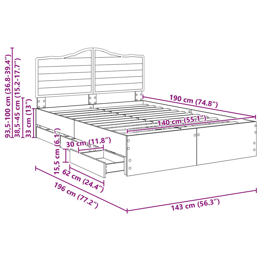 Bedframe met lade met opslag Zwart 140 x 190 cm Ingenieurshout