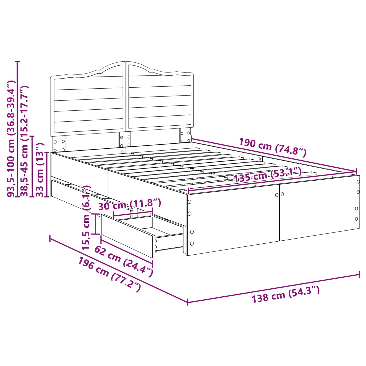 Bedframe met lade Gerookte Eik 135 x 190 cm Ingenieurshout