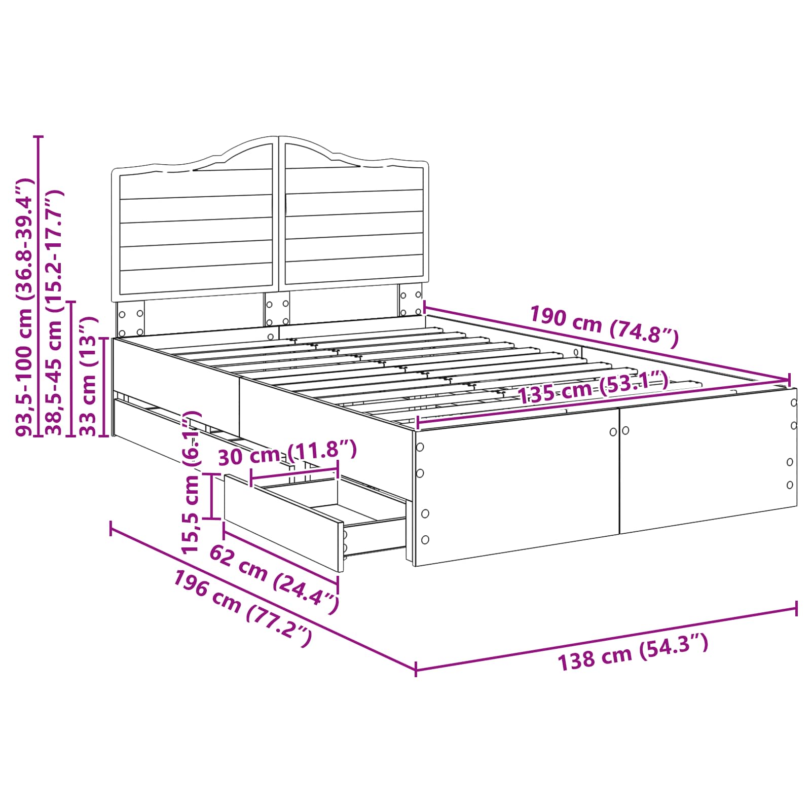 Bedframe met lade Bruin eiken 135 x 190 cm Ingenieurshout