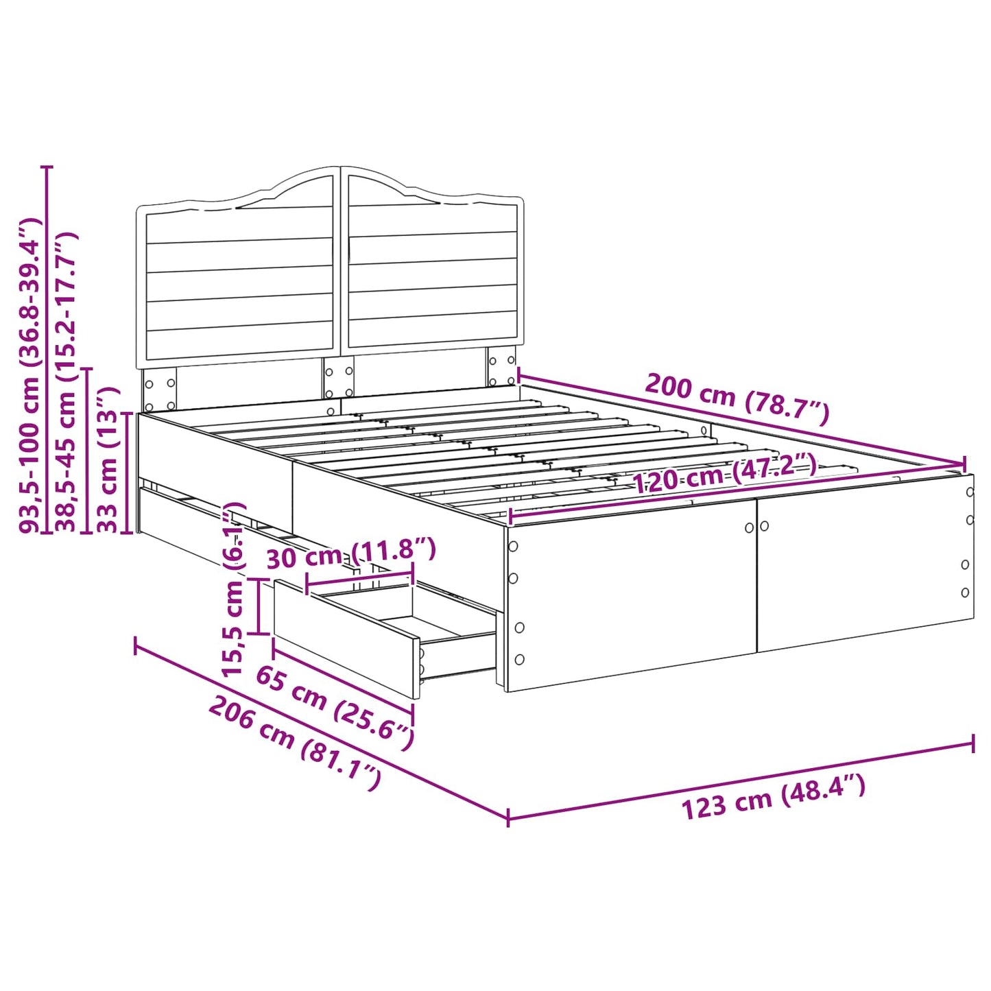 Bedframe met lade Gerookte Eik 120 x 200 cm Ingenieurshout