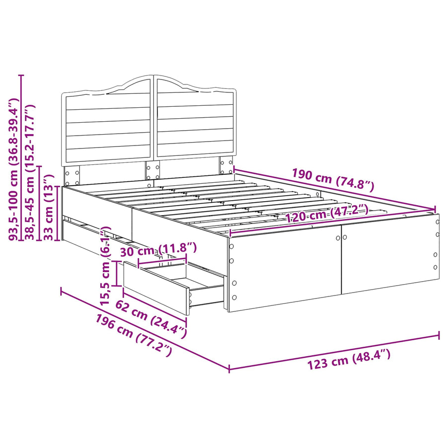 Bedframe met lade Grijze Sonoma 120 x 190 cm Ingenieurshout