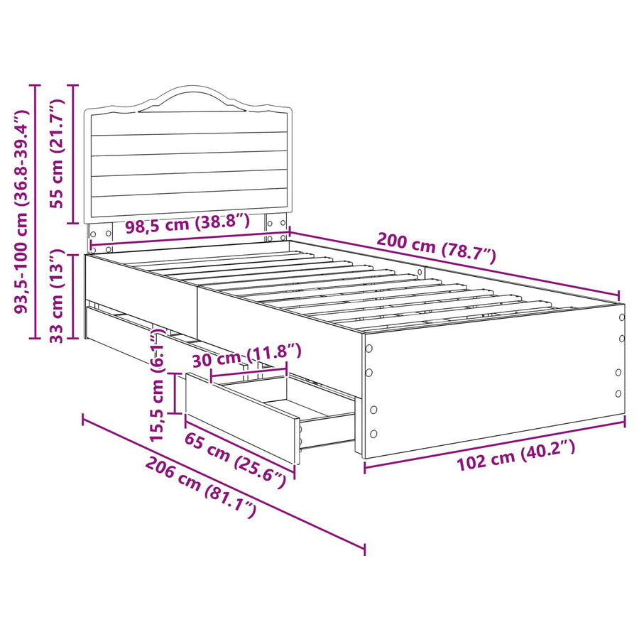 Bedframe met lade met opslag Wit 100 x 200 cm Ingenieurshout