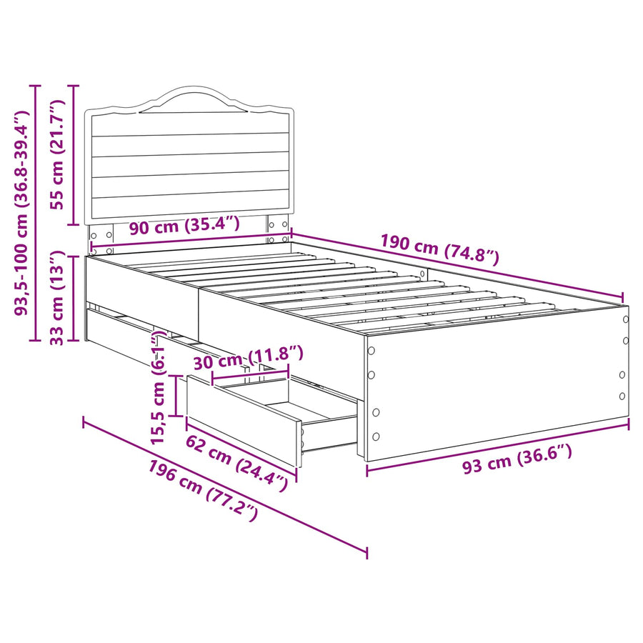 Bedframe met lade Grijze Sonoma 90 x 190 cm Ingenieurshout