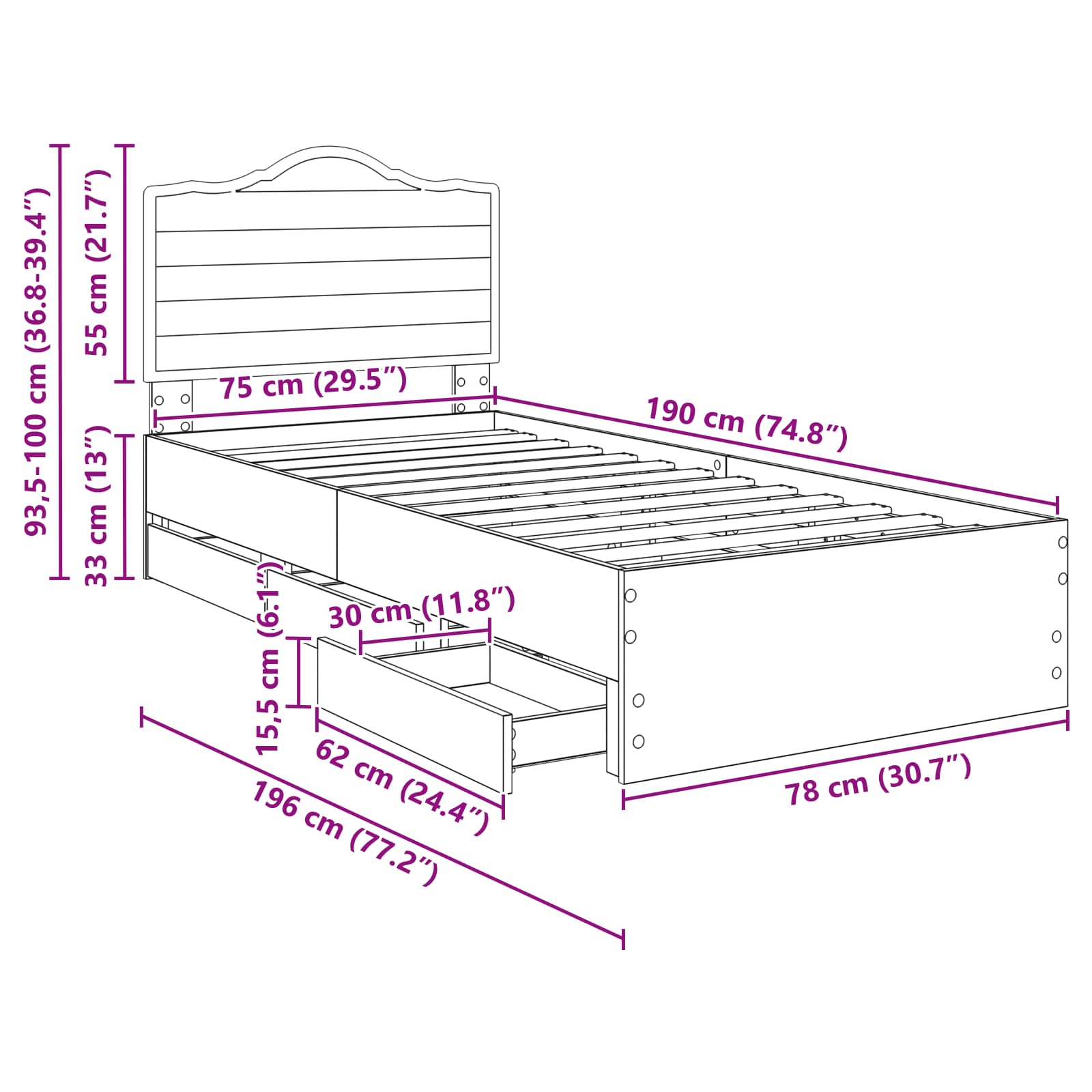 Bedframe met lade Beton Grijs 75 x 190 cm Ingenieurshout