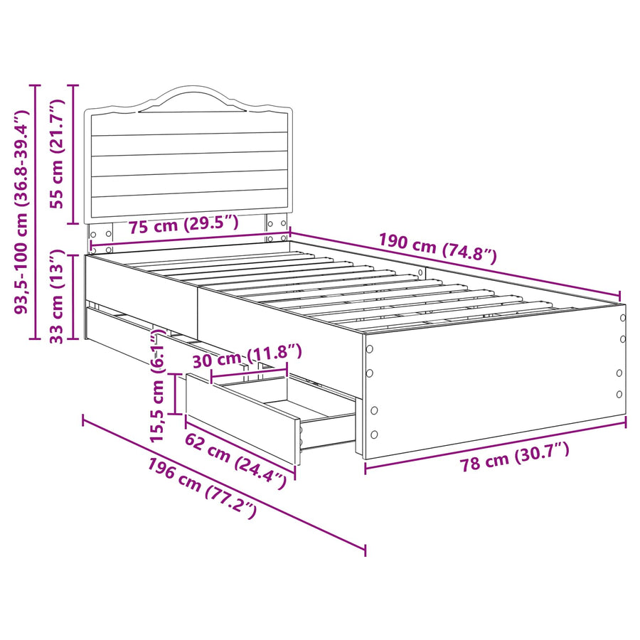 Bedframe met lade Bruine eik 75 x 190 cm Ingenieurshout