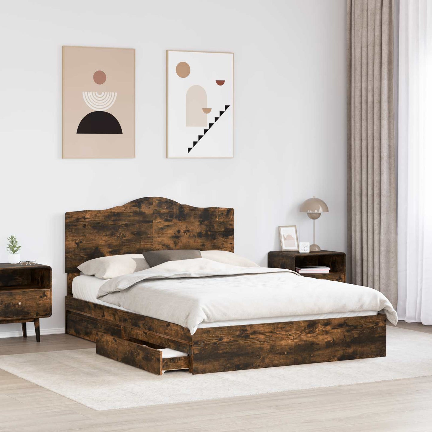 Opslag bed met lade Gerookt eiken 160 x 200 cm Bewerkt hout