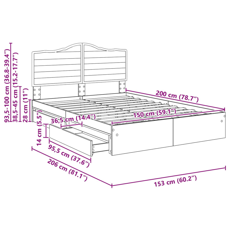 Bedframe met lade Sonoma Eiken 150 x 200 cm Bewerkt hout