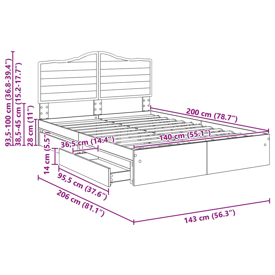 Bedframe met lade Grijs Sonoma 140 x 200 cm Bewerkt hout