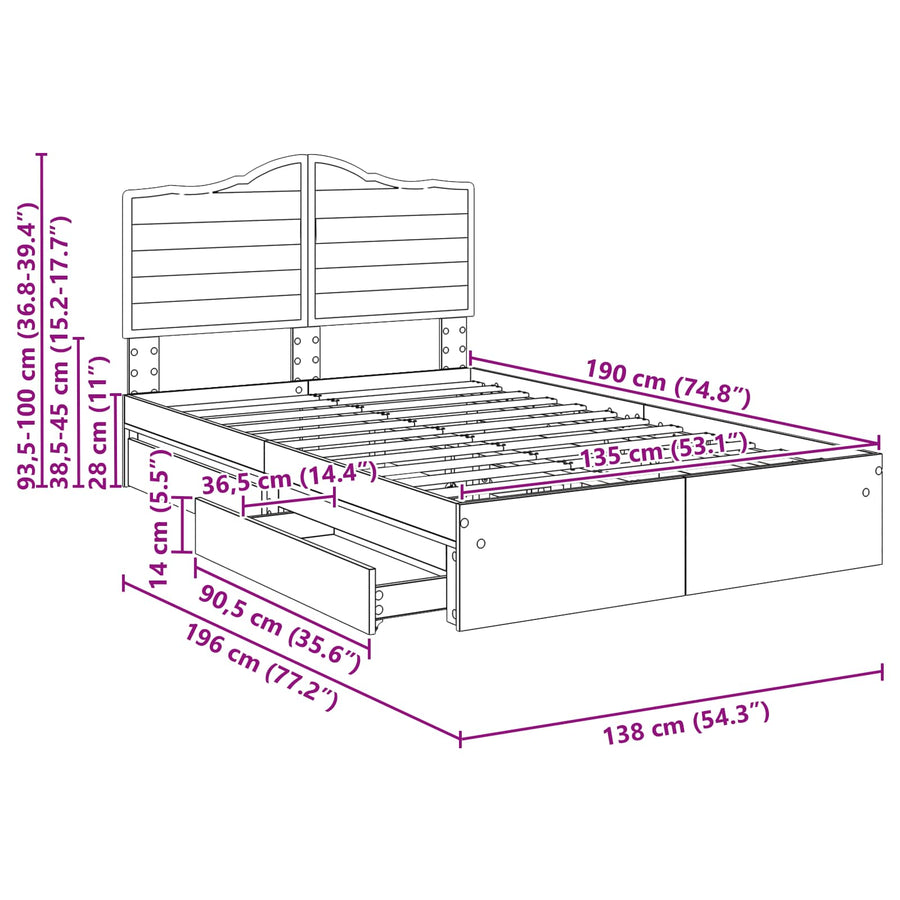 Opslag bed met lade Sonoma Eiken 135 x 190 cm Bewerkt hout