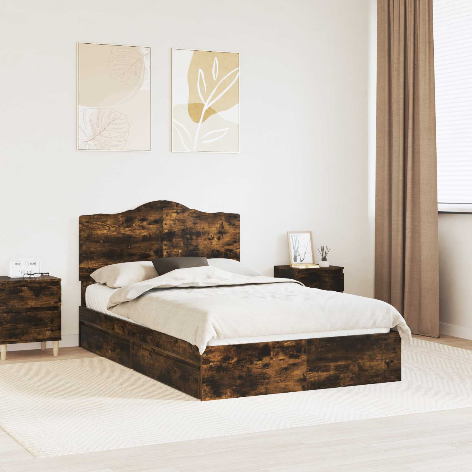 Bedframe met lade Gerookt eiken 135 x 190 cm Bewerkt hout