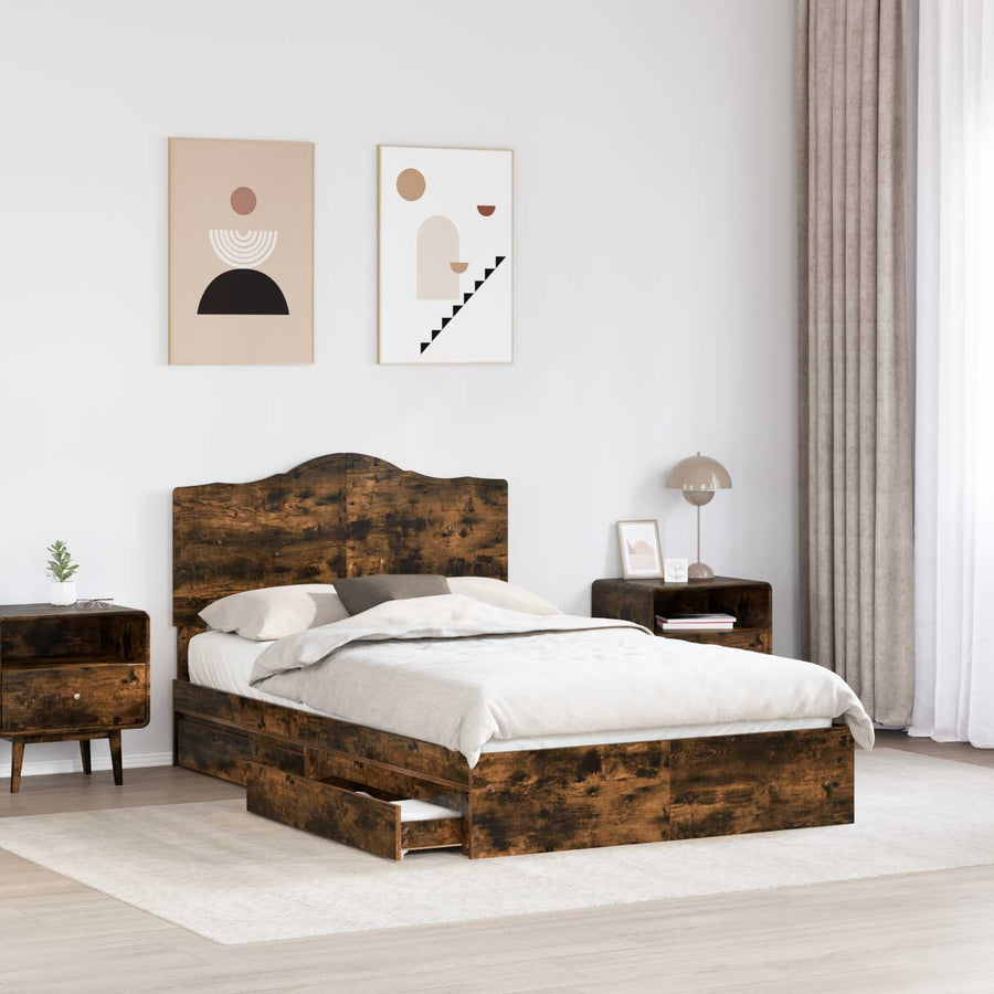 Bedframe met lade Gerookt eiken 135 x 190 cm Bewerkt hout