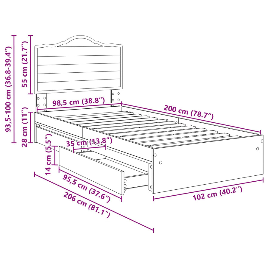 Bedframe met lade Sonoma Eiken 100 x 200 cm Bewerkt hout
