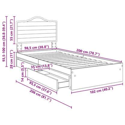 Bedframe met lade Gerookt eiken 100 x 200 cm Bewerkt hout