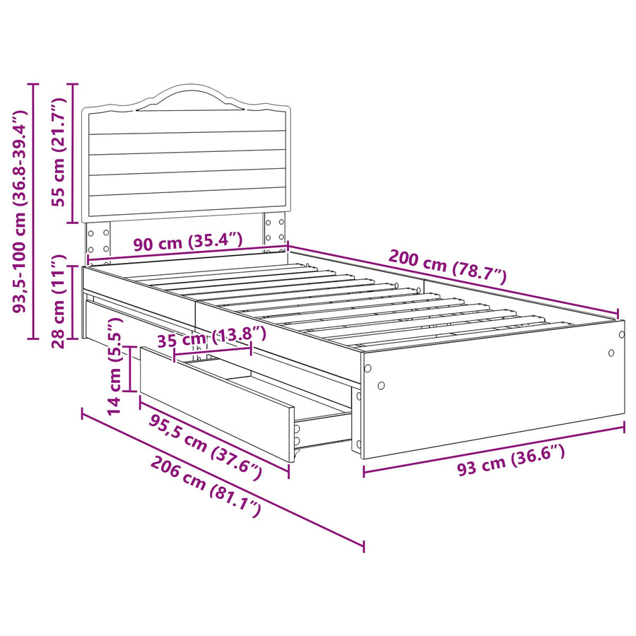 Bedframe met lade Gerookt eiken 90 x 200 cm Bewerkt hout
