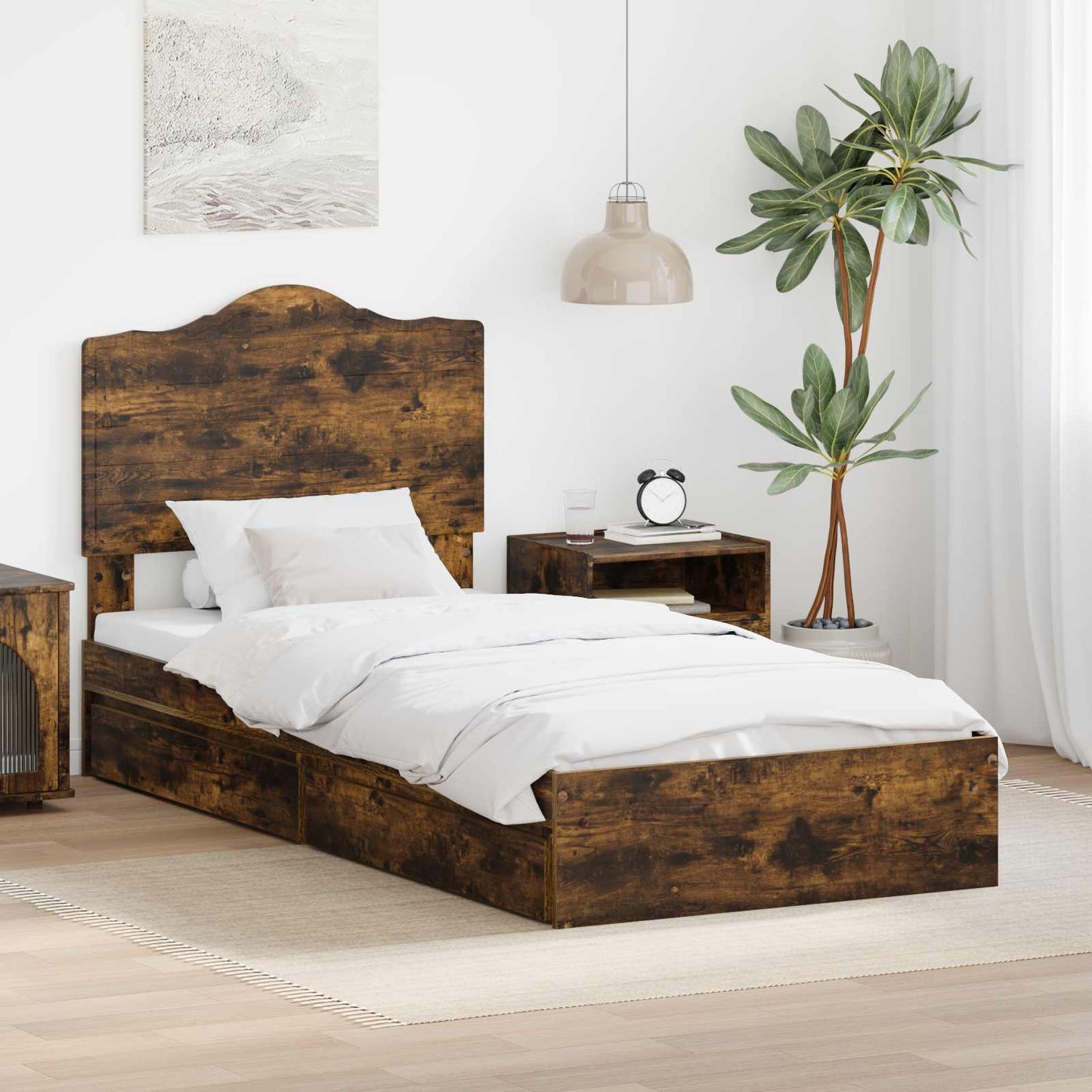 Bedframe met lade Gerookt eiken 90 x 190 cm Bewerkt hout