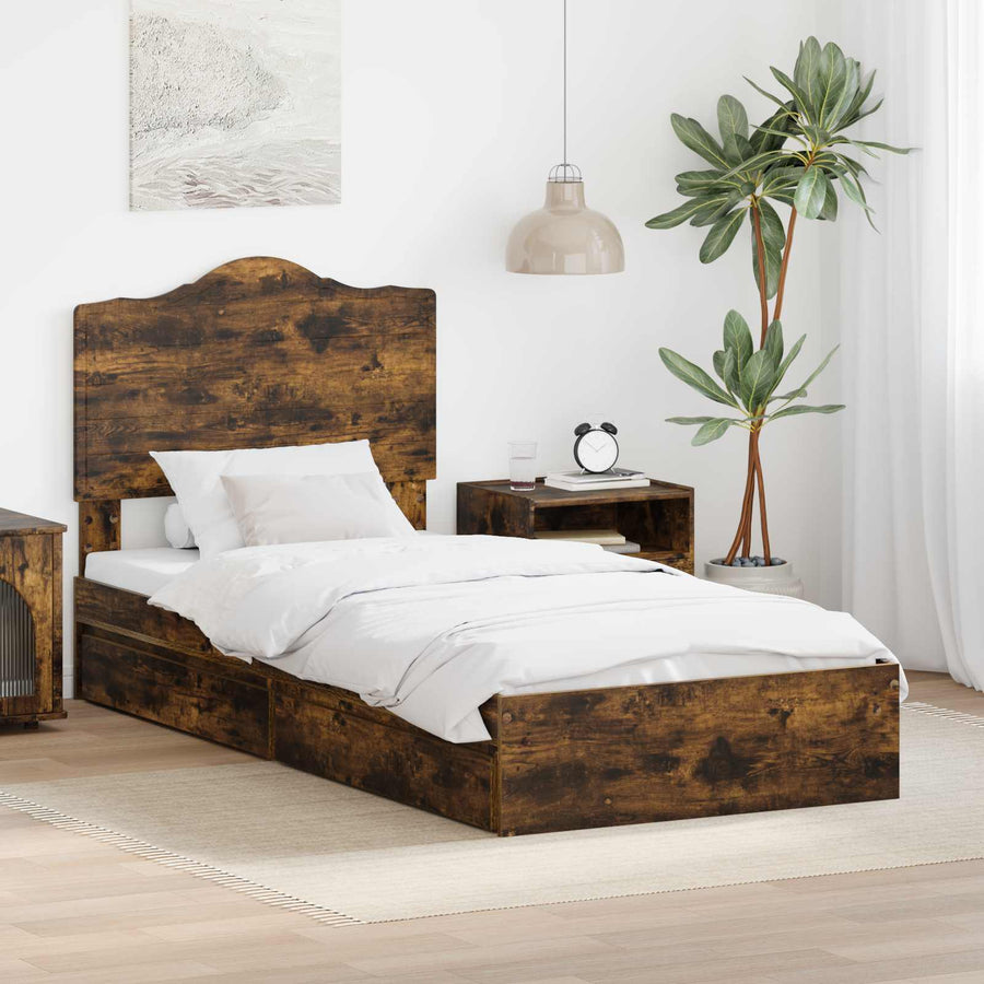 Bedframe met lade Gerookt eiken 90 x 190 cm Bewerkt hout