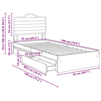 Bedframe met lade Gerookt eiken 75 x 190 cm Bewerkt hout