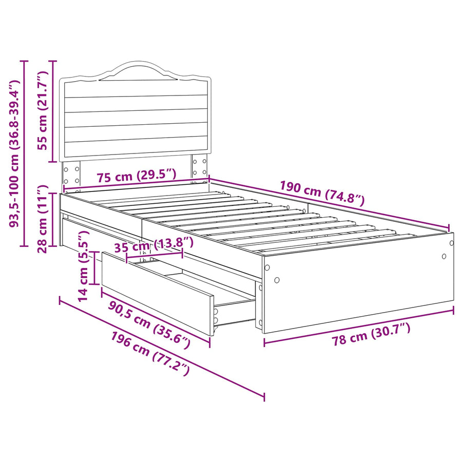 Bedframe met lade Gerookt eiken 75 x 190 cm Bewerkt hout