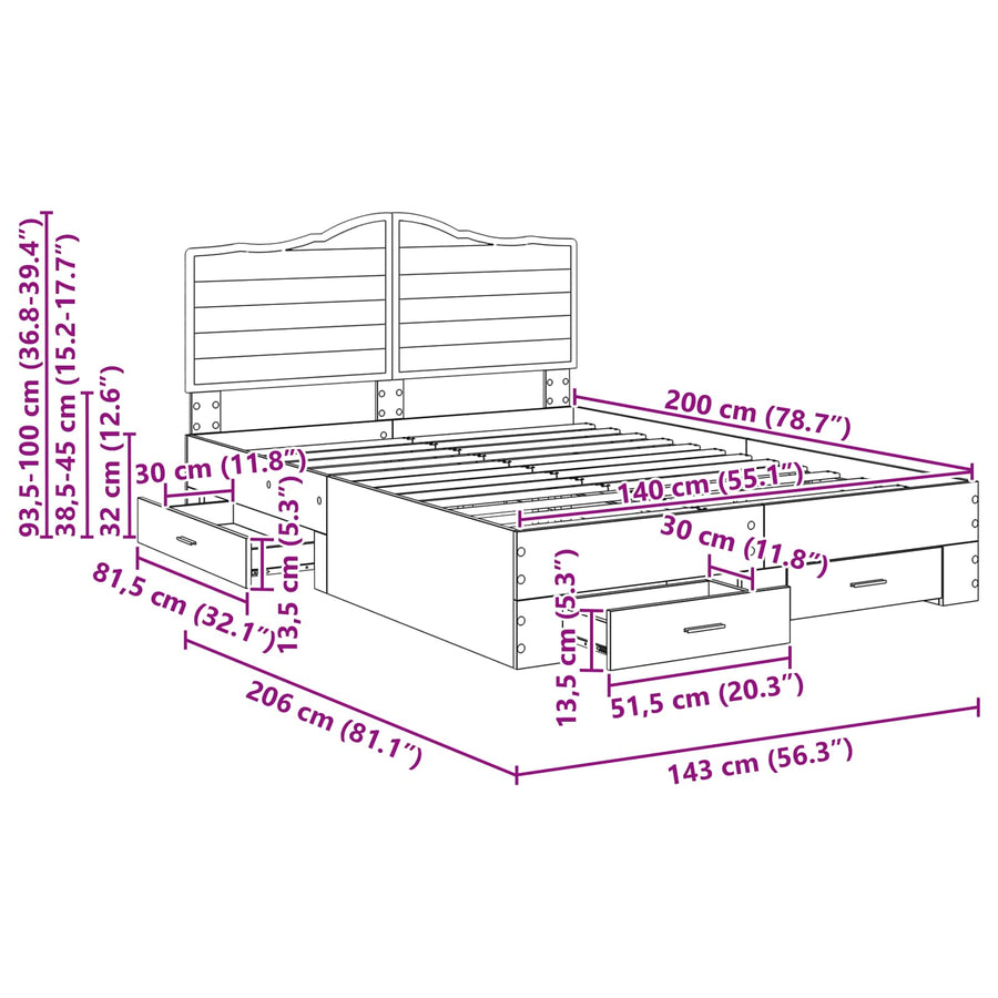 Bedframe met hoofdeinde Gerookt eiken 140 x 200 cm Bewerkt hout