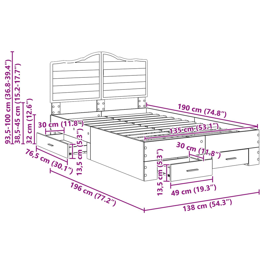Bedframe met hoofdeinde Zwart 135 x 190 cm Bewerkt hout