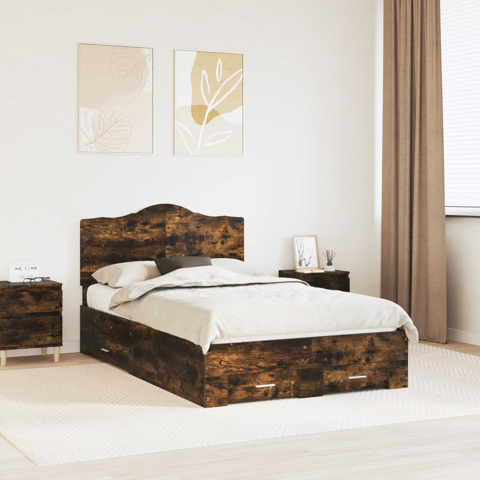 Bedframe met hoofdeinde Gerookt eiken 135 x 190 cm Bewerkt hout