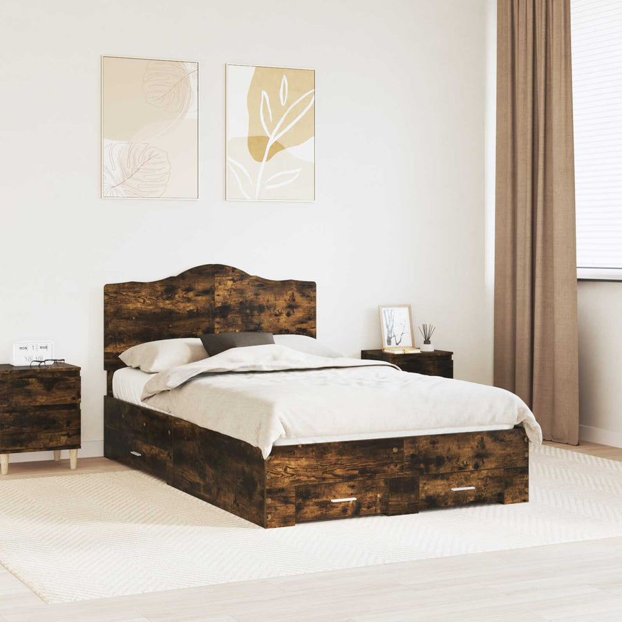 Bedframe met hoofdeinde Gerookt eiken 135 x 190 cm Bewerkt hout