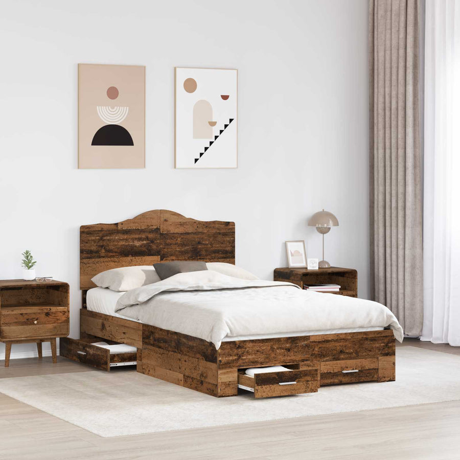 Bedframe met hoofdeinde Oudhout 120 x 190 cm Bewerkt hout