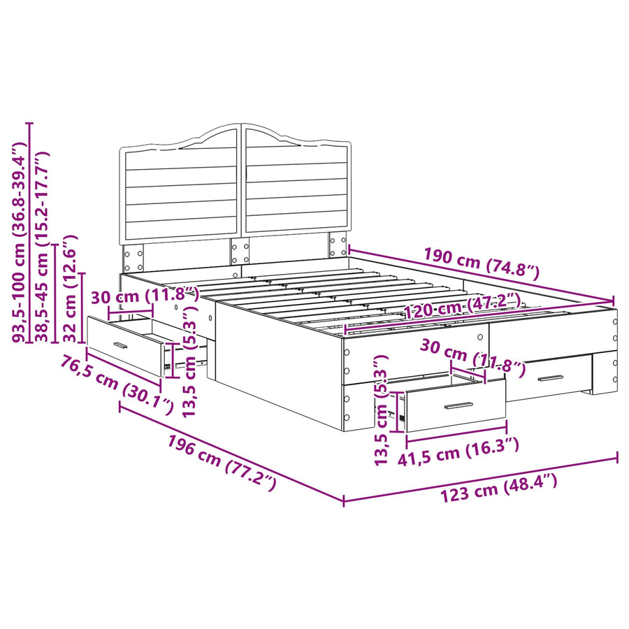 Bedframe met hoofdeinde Oudhout 120 x 190 cm Bewerkt hout