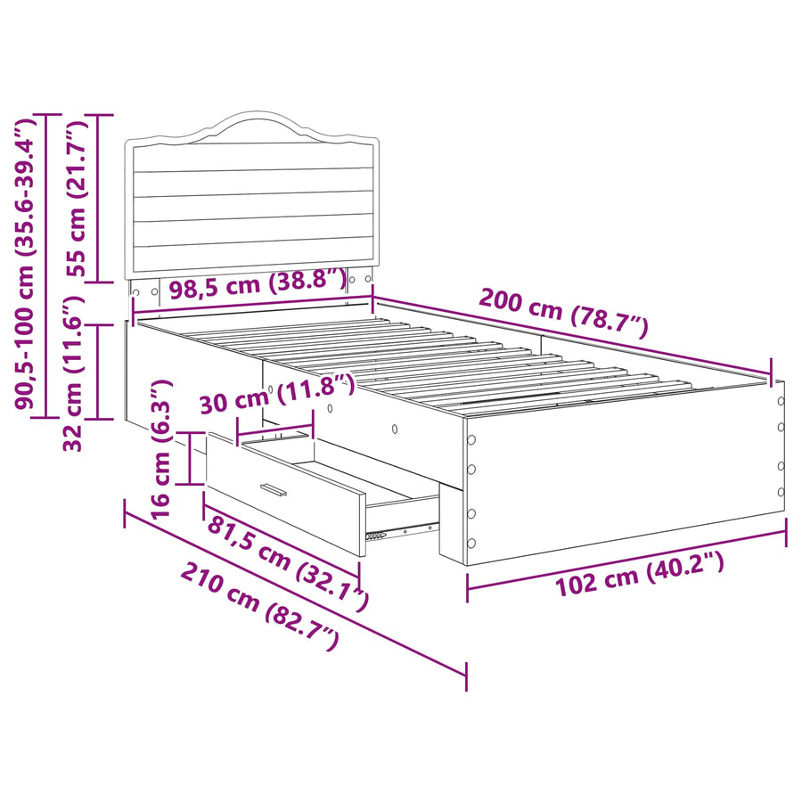 Bedframe met hoofdeinde Oudhout 100 x 200 cm Bewerkt hout