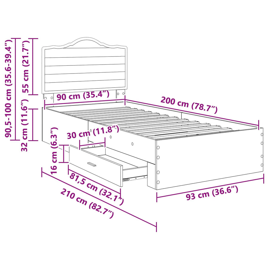 Bedframe met hoofdeinde Beton Grijs 90 x 200 cm Bewerkt hout