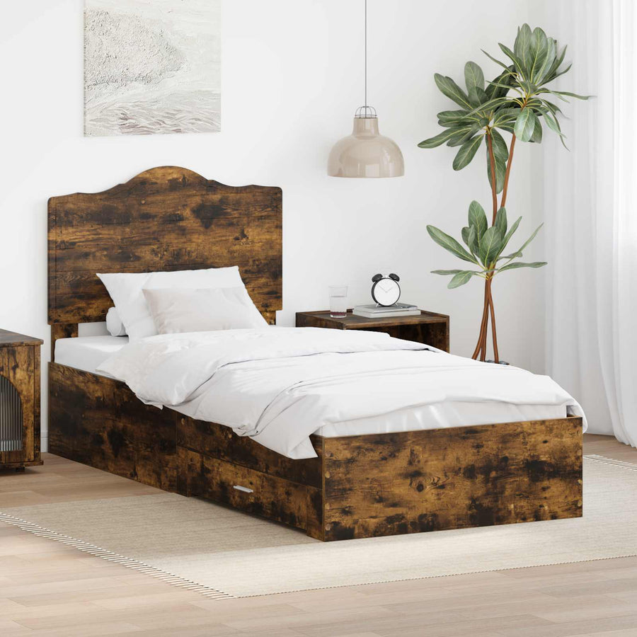 Bedframe met hoofdeinde Gerookt eiken 90 x 190 cm Bewerkt hout