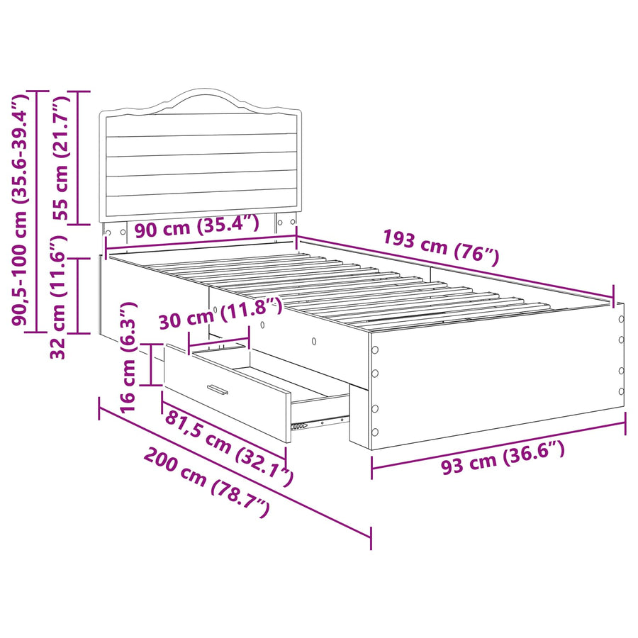 Bedframe met hoofdeinde Gerookt eiken 90 x 190 cm Bewerkt hout